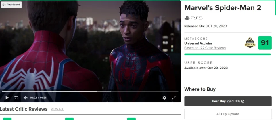 Marvel's Spider-Man 2 receives universal acclaim on Metacritic